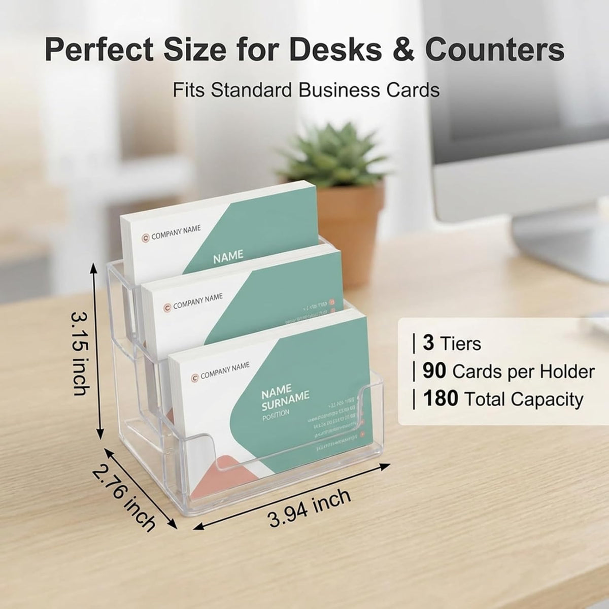 TecUnite 2 Pieces Business Card Holder for Desk 3 Tier Clear Acrylic Stand