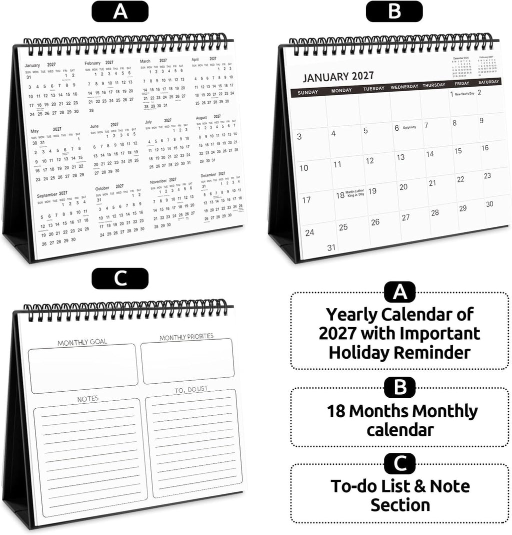 SKYDUE Desk Calendar 2026-2027, Jul 2026 to Dec 2027, 18 Months Small Desk Calendar with Planner Stickers, 10" x 8" Desktop Calendar Planner Standing Flip, Black