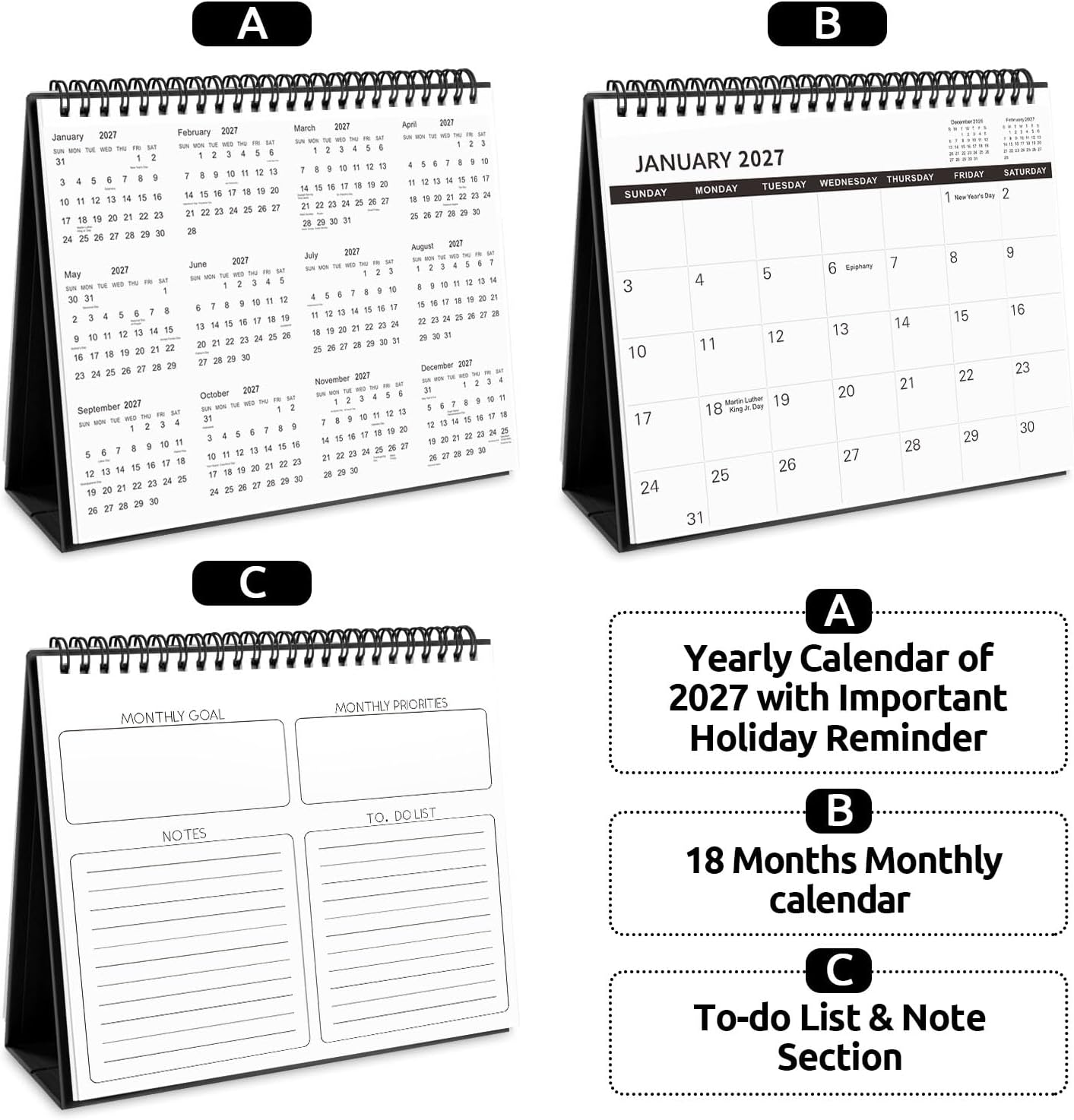 SKYDUE Desk Calendar 2026-2027, Jul 2026 to Dec 2027, 18 Months Small Desk Calendar with Planner Stickers, 10" x 8" Desktop Calendar Planner Standing Flip, Black
