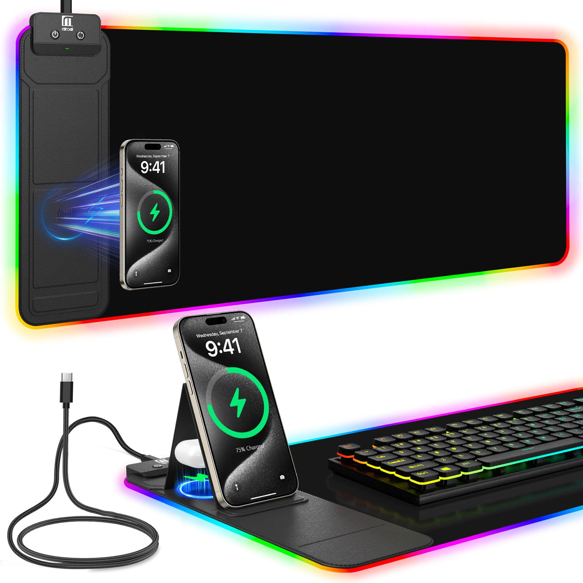 Wireless Charging RGB Mouse Pad with Phone Stand, Large Gaming Desk Mat