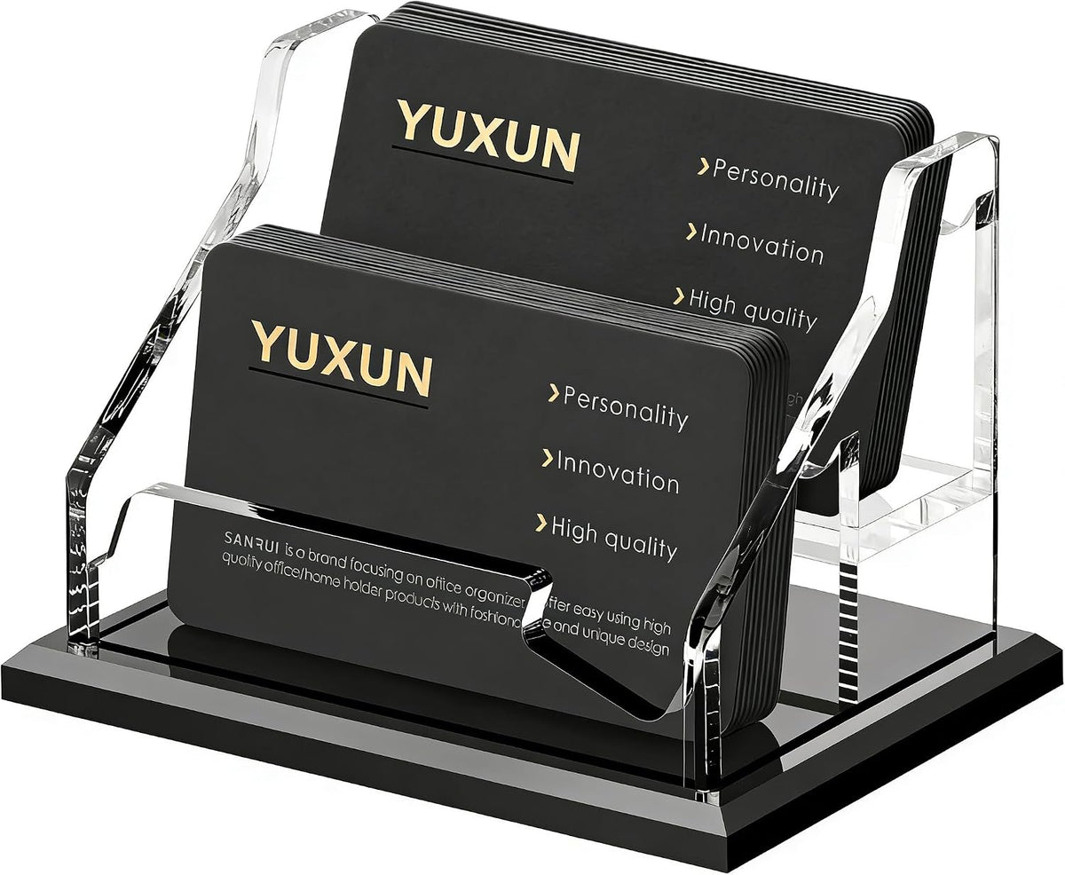 YUXUN Black Business Card Holder for Desk-2 Tier 2 Slot, Acrylic Business Card Holder for Women Men, 100+ Business Cards Display Stand, Multiple Business Card Display for Exhibition, Home, Office