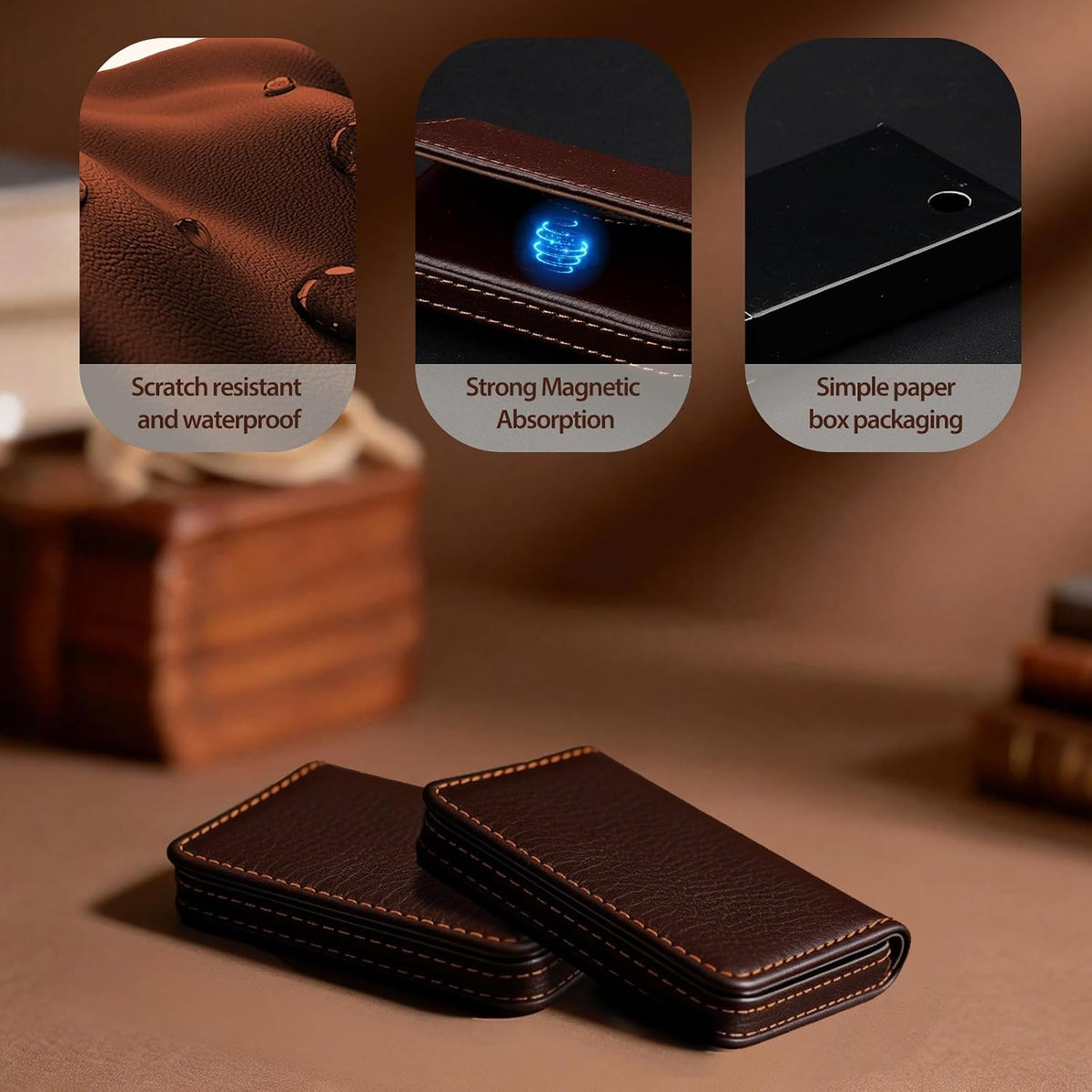 Business Card Holder PU Leather with Magnetic Closure, Slim Pocket Name Card Case for Men & Women, Professional Card Wallet for Office & Travel (Brown)