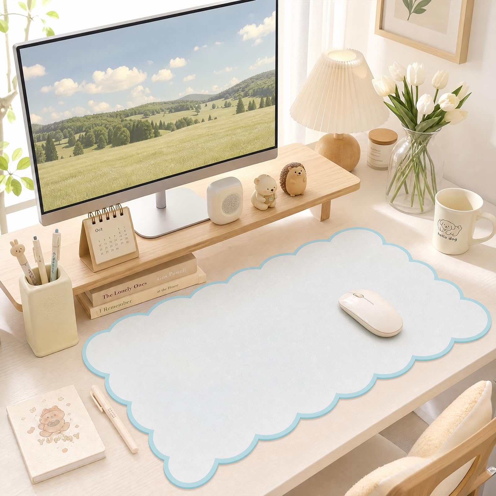 Scalloped Desk Mat,31.5"x15.7" Large Mouse Pad for Desk Pad,Beige
