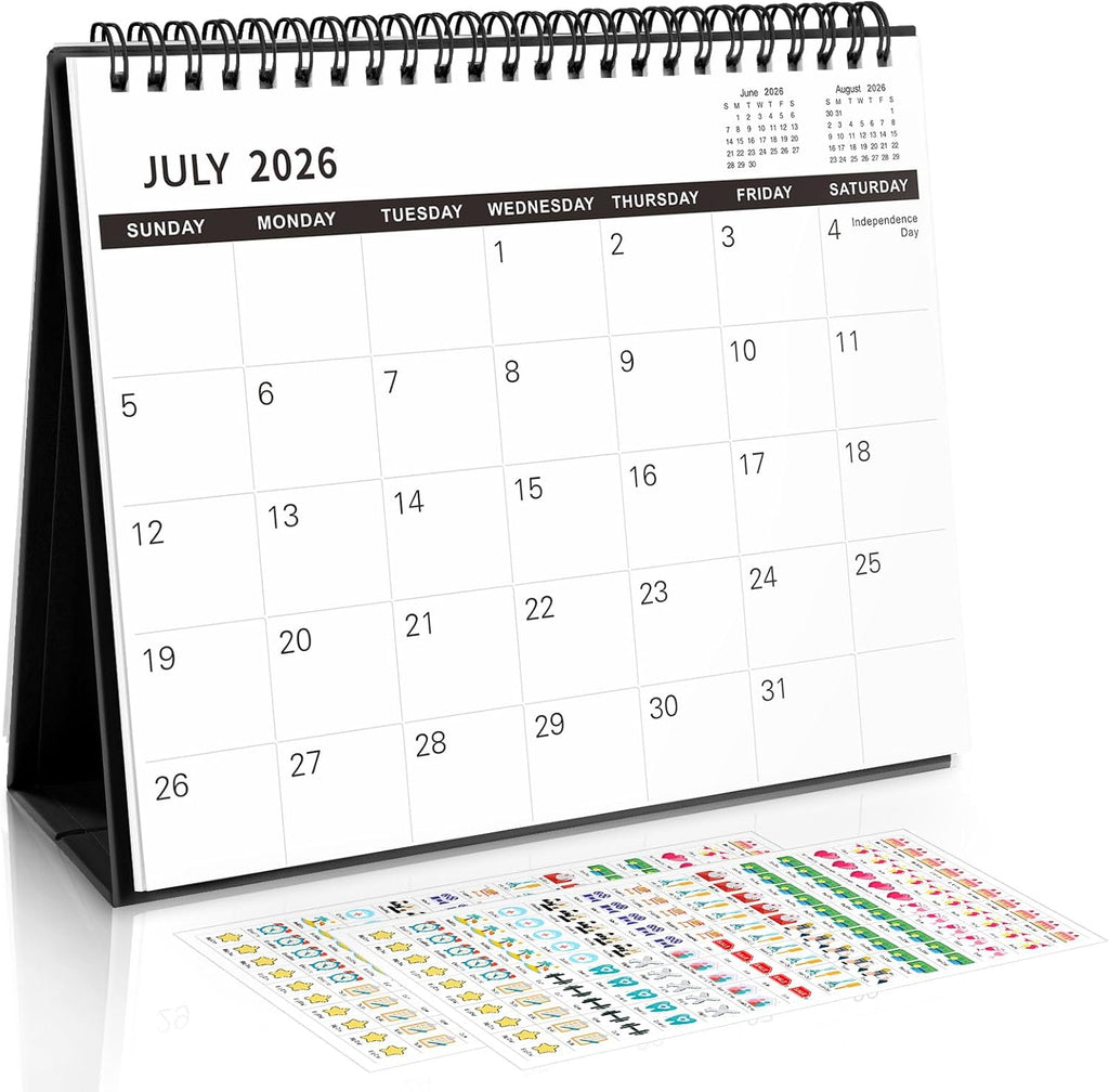 SKYDUE Desk Calendar 2026-2027, Jul 2026 to Dec 2027, 18 Months Small Desk Calendar with Planner Stickers, 10" x 8" Desktop Calendar Planner Standing Flip, Black