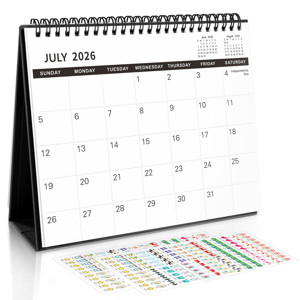 SKYDUE Desk Calendar 2026-2027, Jul 2026 to Dec 2027, 18 Months Small Desk Calendar with Planner Stickers, 10" x 8" Desktop Calendar Planner Standing Flip, Black
