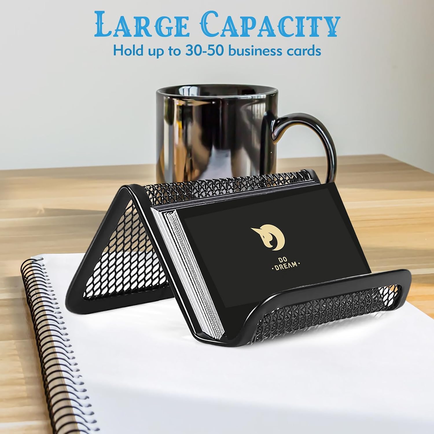 2 Pcs Black Business Card Holder Desk, Wire Mesh Business Card Holder Display, Desktop Business Card Stand, Metal Business Card Display Holder for real estate, Office, Tradeshow, Bar (2)
