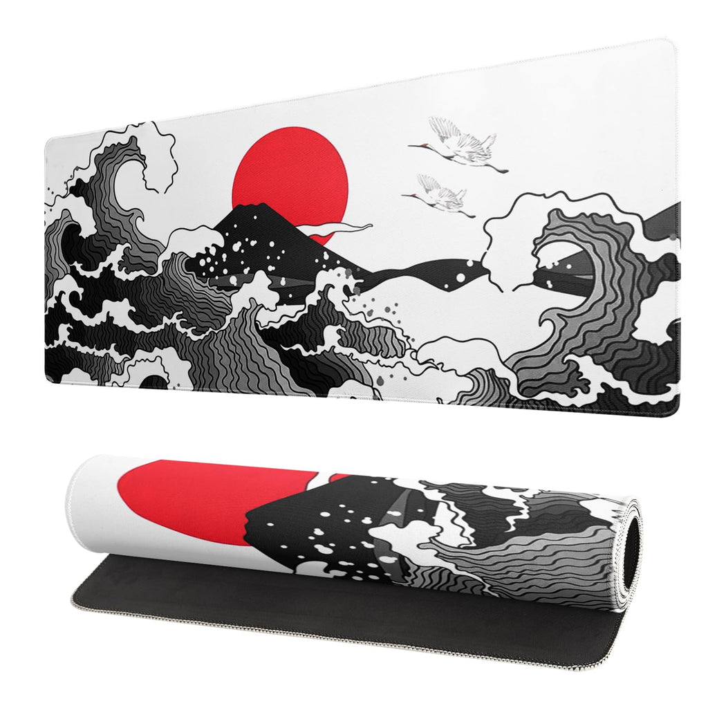 Black and White Japanese Wave Dragon Gaming Mouse Pad - Abstract Mat with Non-Slip Rubber Base, 31.5x11.8 Inch, Stitched Edges - Desk Pad for Office and Home