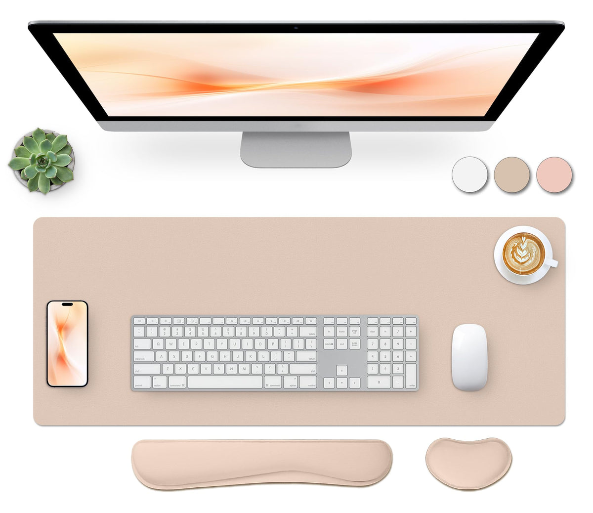 Bloss Leather Desk Pad and Keyboard Wrist Rest, Large Mouse Pad + Keyboard Pad+Mouse Wrist Support, Non-Slip Desk Mat Protector for Office, Home(31.5×15.7 Inches,Beige)