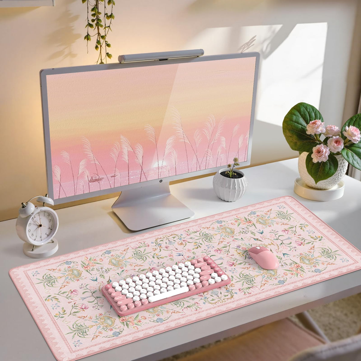 iCasso Desk Mat,Mouse Pad for Office Desk,35.4x15.7in,Pink Flowers
