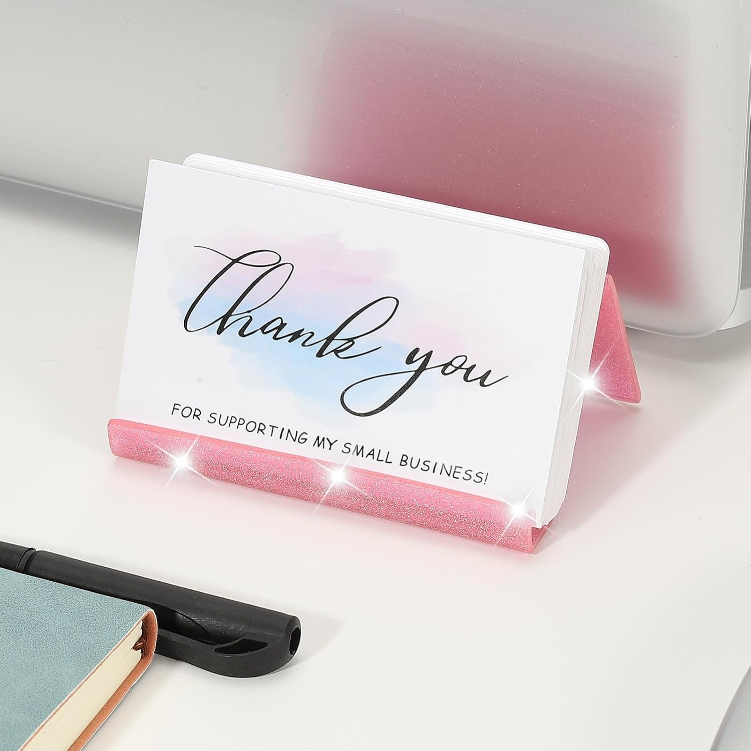 PATIKIL Business Card Holder for Desk, Acrylic Business Card Holders Shine Card Stand Organizer Cards Display for Office Exhibition, Pink