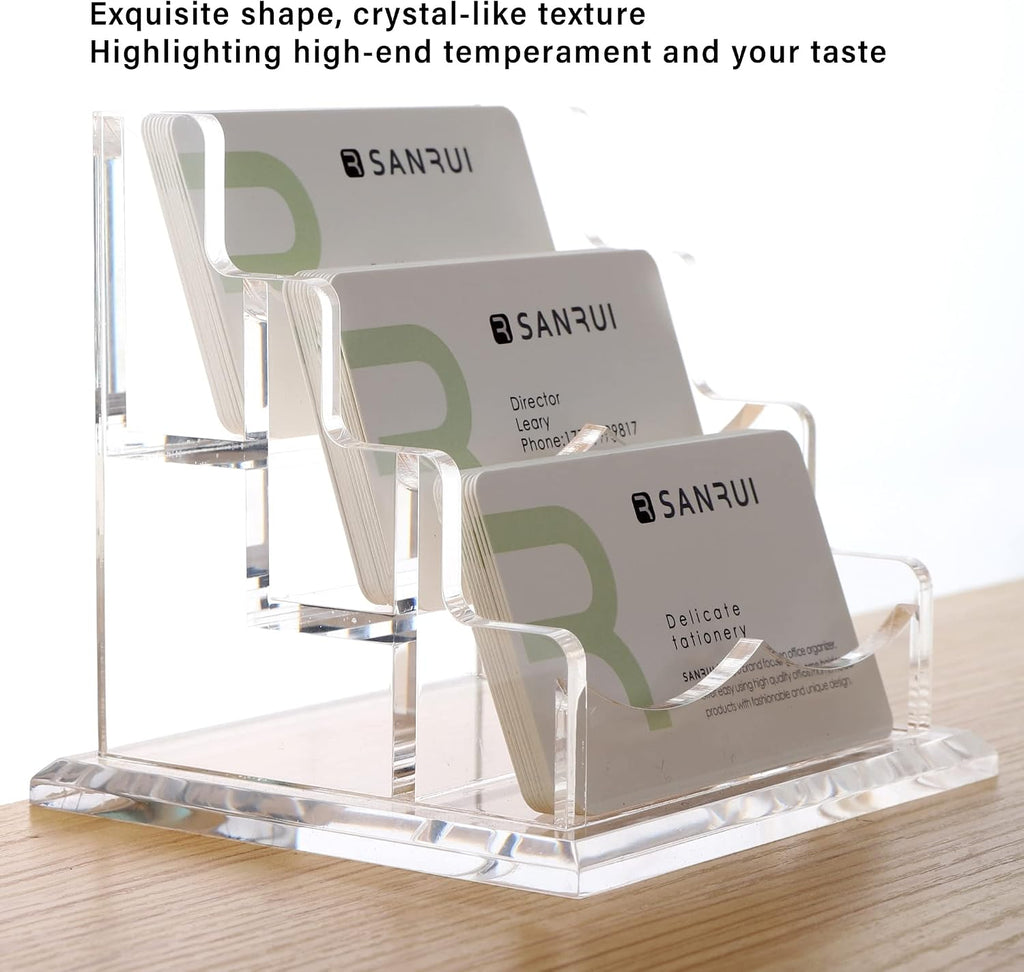 YUXUN Business Card Holder Display for Desk, Clear Acrylic Cards Organizer 3 Tier 3 Slots, Business Card Stand for Women Men, Multiple Business Card Display for Exhibition, Home, Office