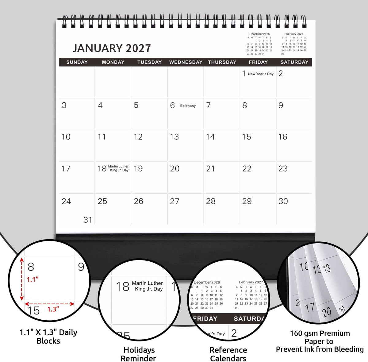 SKYDUE Desk Calendar 2026-2027, Jul 2026 to Dec 2027, 18 Months Small Desk Calendar with Planner Stickers, 10" x 8" Desktop Calendar Planner Standing Flip, Black
