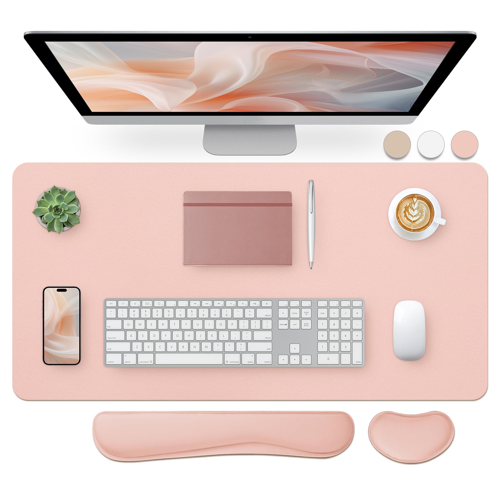 Bloss Leather Desk Pad and Keyboard Wrist Rest, Large Mouse Pad + Keyboard Pad+Mouse Wrist Support, Non-Slip Desk Mat Protector for Office, Home(31.5×15.7 Inches,Beige)
