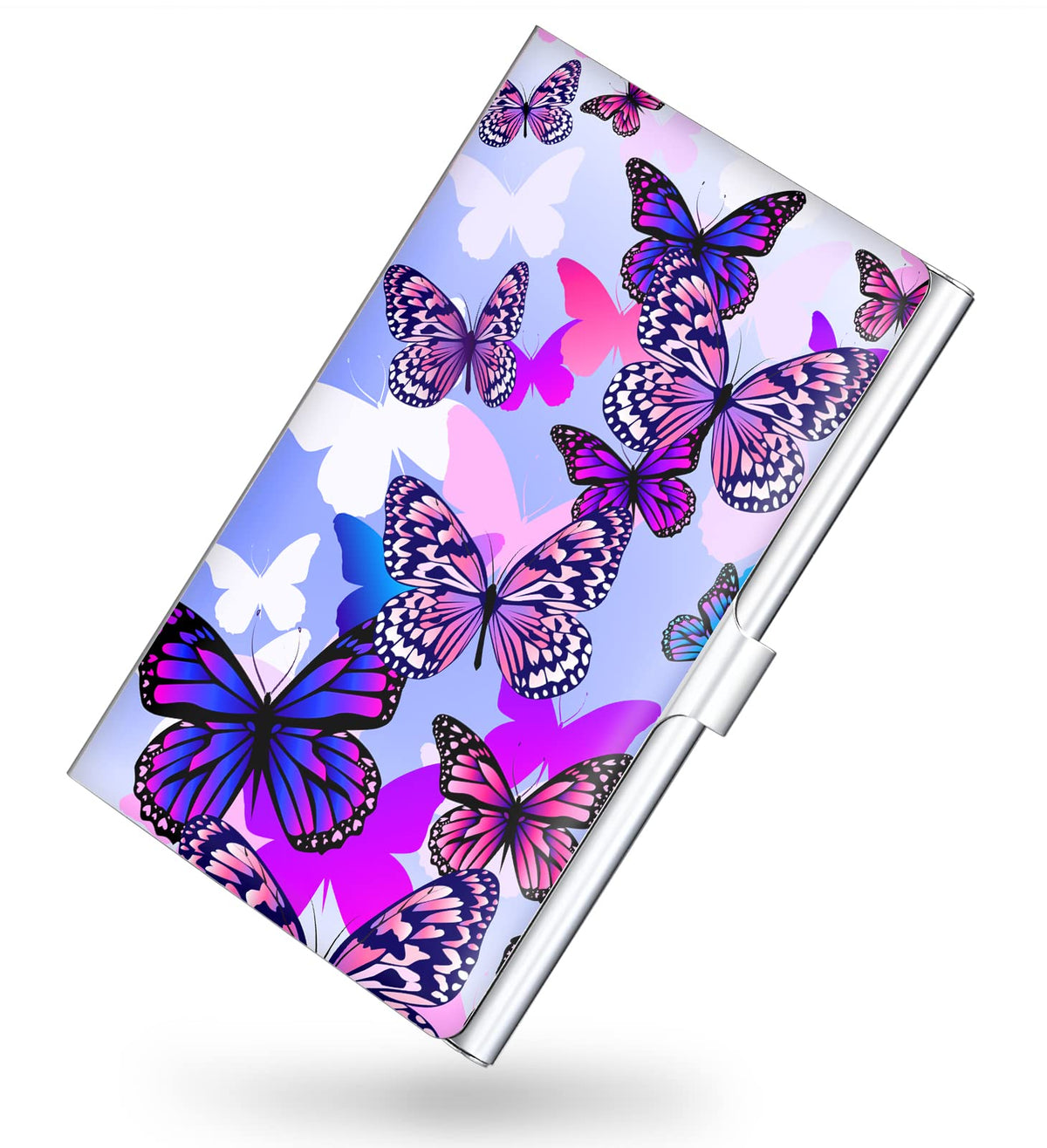 Business Card Holder，Color Printing Men's and Women's Business Card Case，Ultra-thin Metal Business Card Organizer，Carry-on Pocket Wallet Business Card Holder,Pink letters