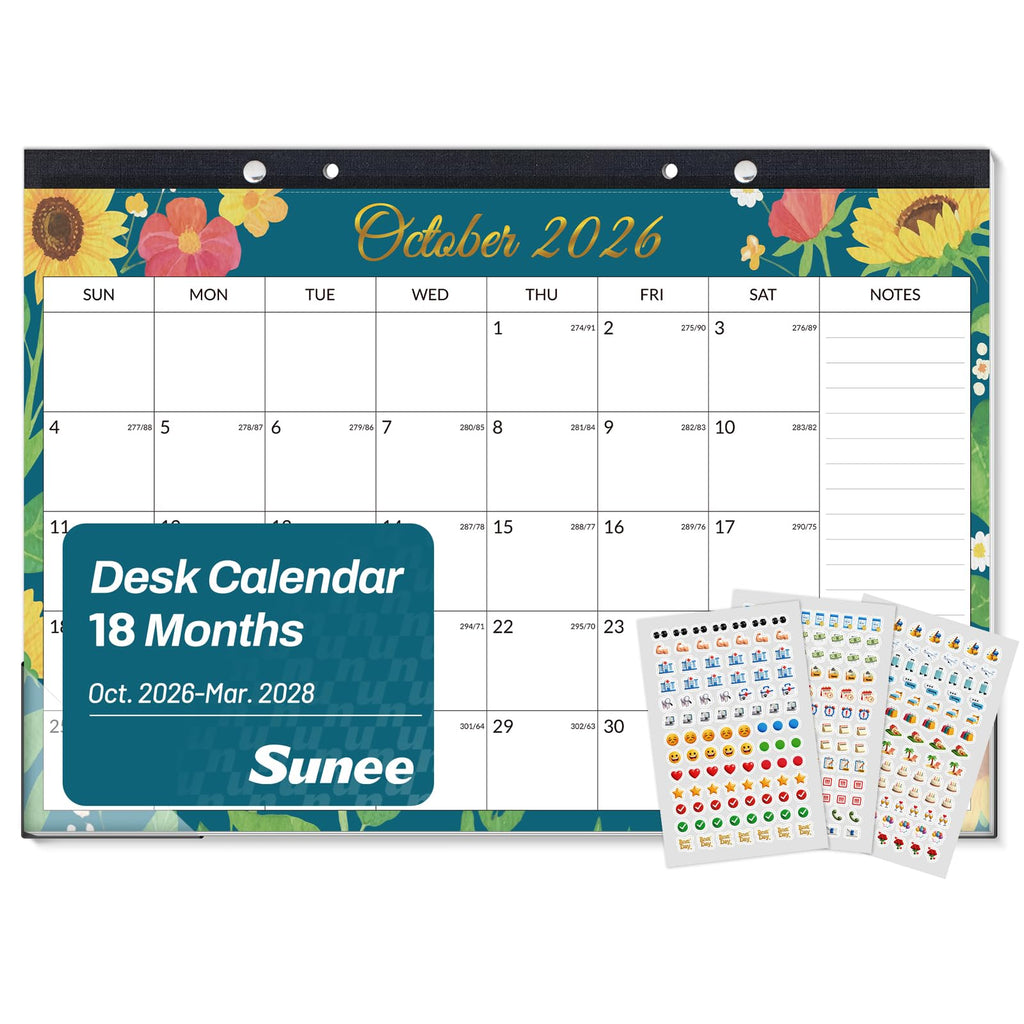 SUNEE Desk Calendar 2026-2027, 17" x 12", 18-Month Monthly Desk Calendar from Jul. 2026 - Dec. 2027, Academic Desk Calendar for Teacher, School, Seasons Color