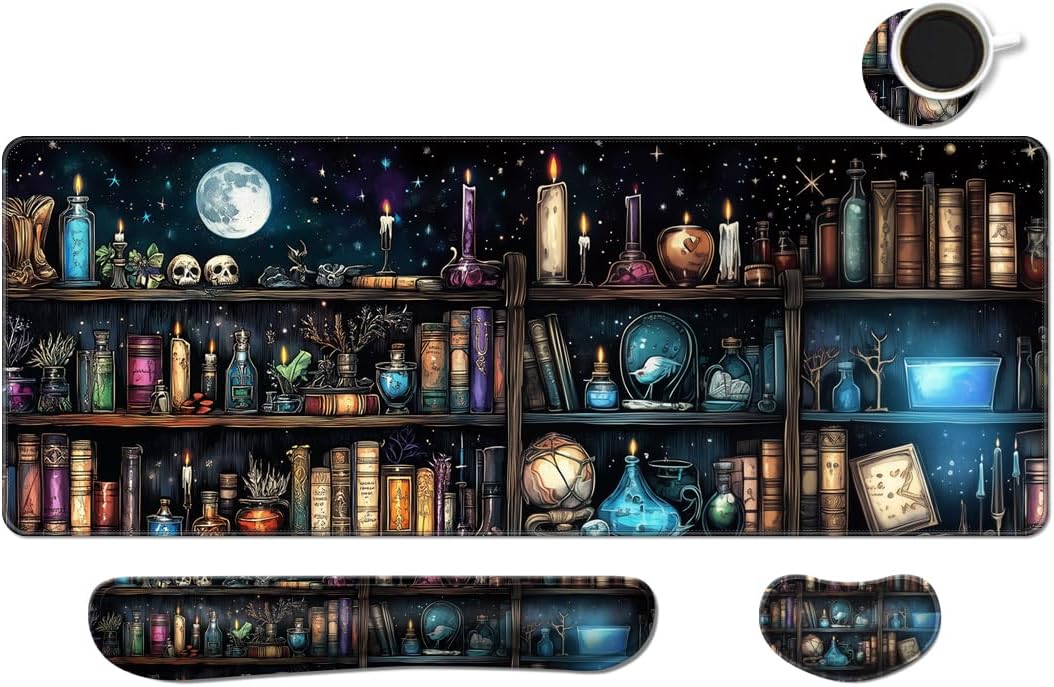 MIBITRI Keyboard Mouse Pad Set, Extended Gaming Mouse Pad+Ergonomics Keyboard Wrist Rest Support, Memory Foam, Easy Typing Pain Relief, 4Pcs XXL Ultra Thick Desk Mat, Enchanted Bookshelf