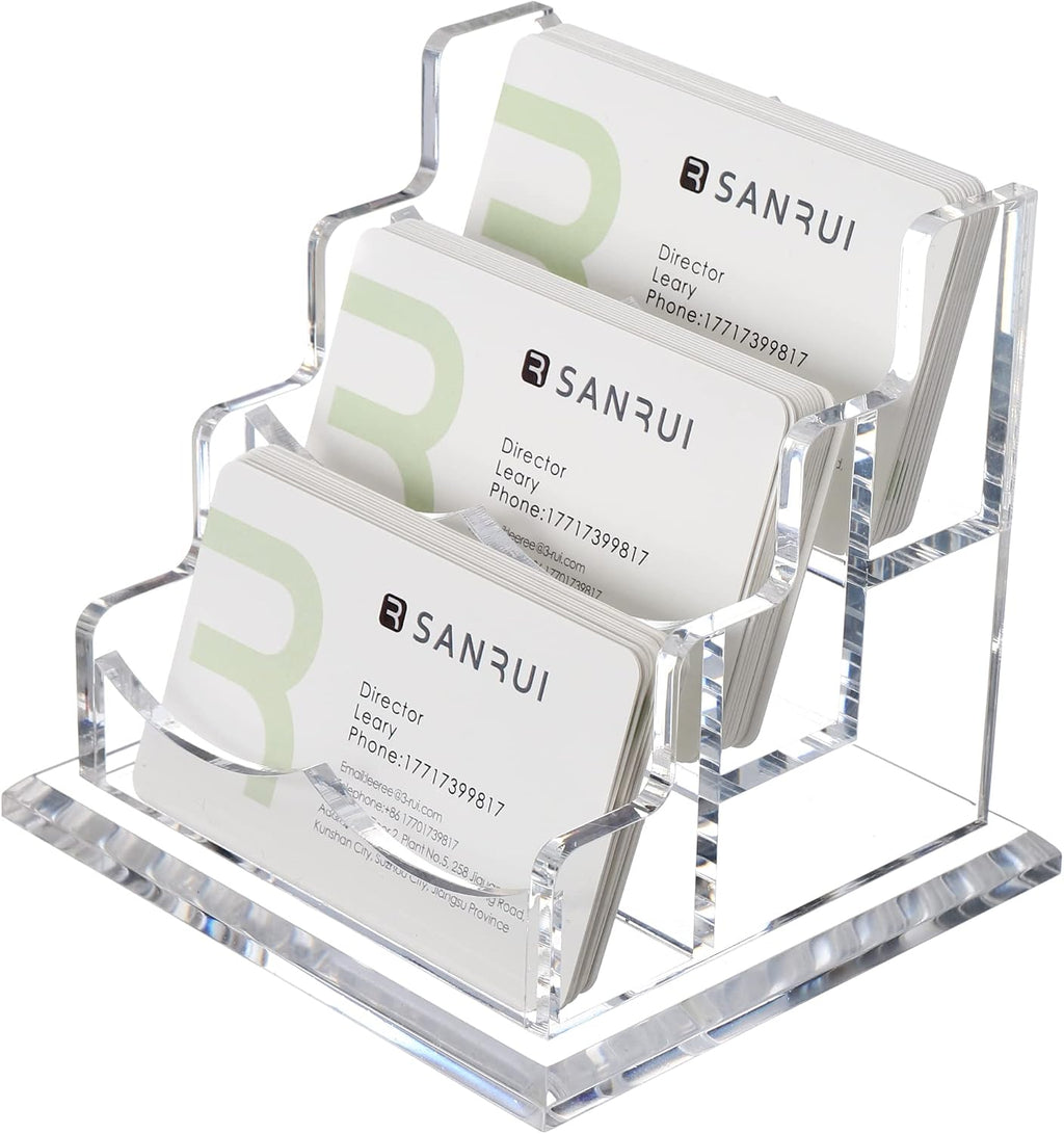 YUXUN Business Card Holder Display for Desk, Clear Acrylic Cards Organizer 3 Tier 3 Slots, Business Card Stand for Women Men, Multiple Business Card Display for Exhibition, Home, Office
