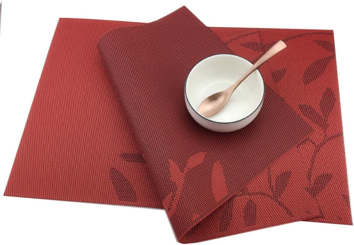 Place Mats PVC Set of 6, Table Placemats Set of 6 PVC Table Mats Natural Color (6 pcs, Red Leaves)