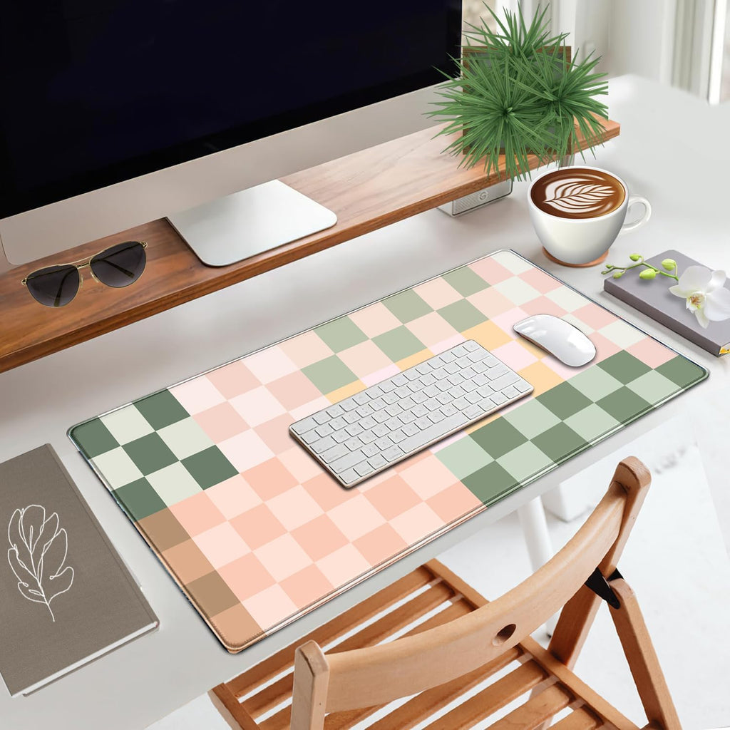 Checkered Desk Mat Cute Pink Pastel XXL Large Mouse Pad Aesthetic Boho Desk Pad with Stitched Edges, Office Decor Keyboard Pad Mouse Mat for Computer