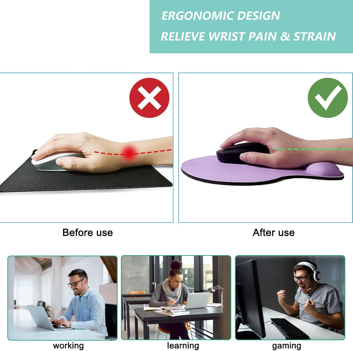 Mouse Pad with Wrist Support, Ergonomic Mouse Pads with Memory Foam Wrist Rest, Easy Typing Pain Relief, Comfortable Home Office Computer Wrist Support Pads for Working Studying Gaming, Purple