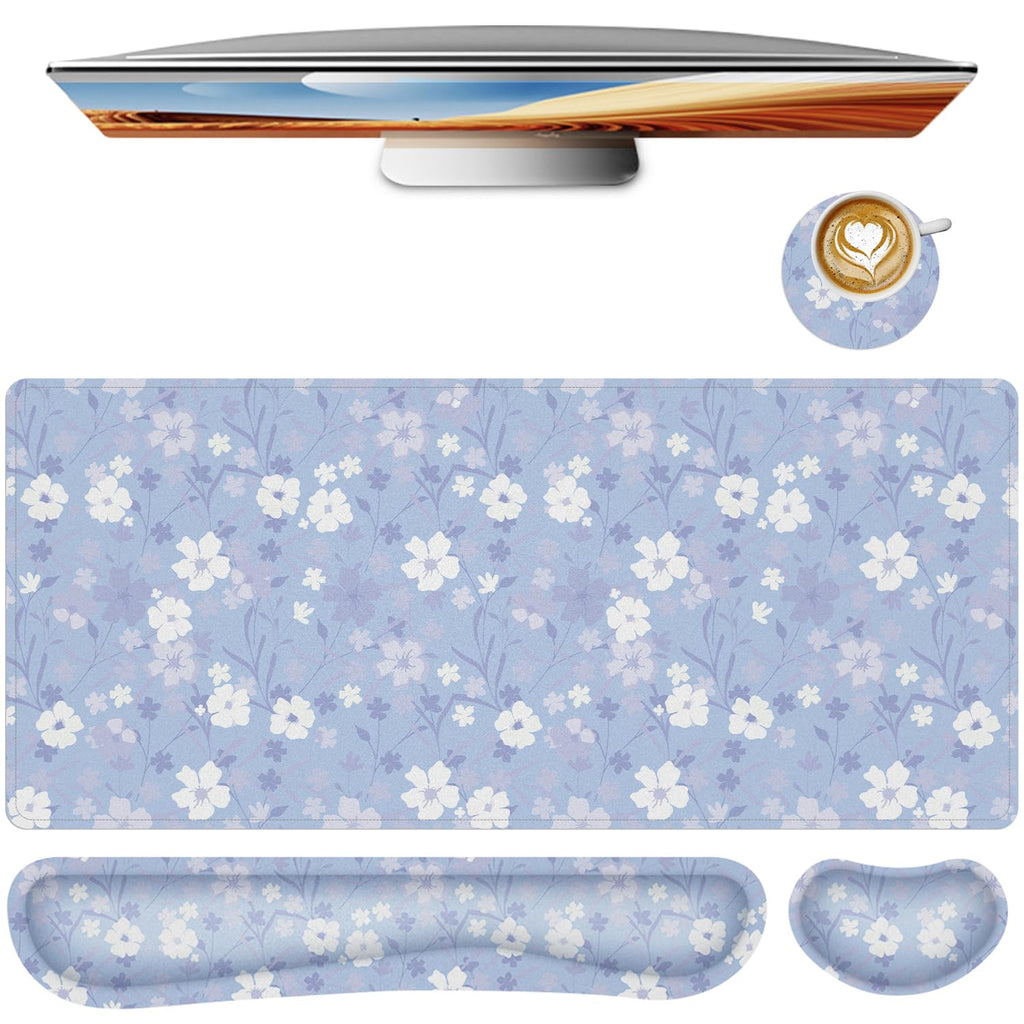 Keyboard Mouse Pad Set,Large Gaming Mouse Pad+Keyboard Wrist Rest+Wrist Rest+Coaster,Computer Desk pad Set Wrist Support for Office Desktop Laptop. (35.4" x 15.7") Extended Desk Mat (Floral)
