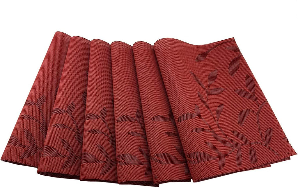 Place Mats PVC Set of 6, Table Placemats Set of 6 PVC Table Mats Natural Color (6 pcs, Red Leaves)