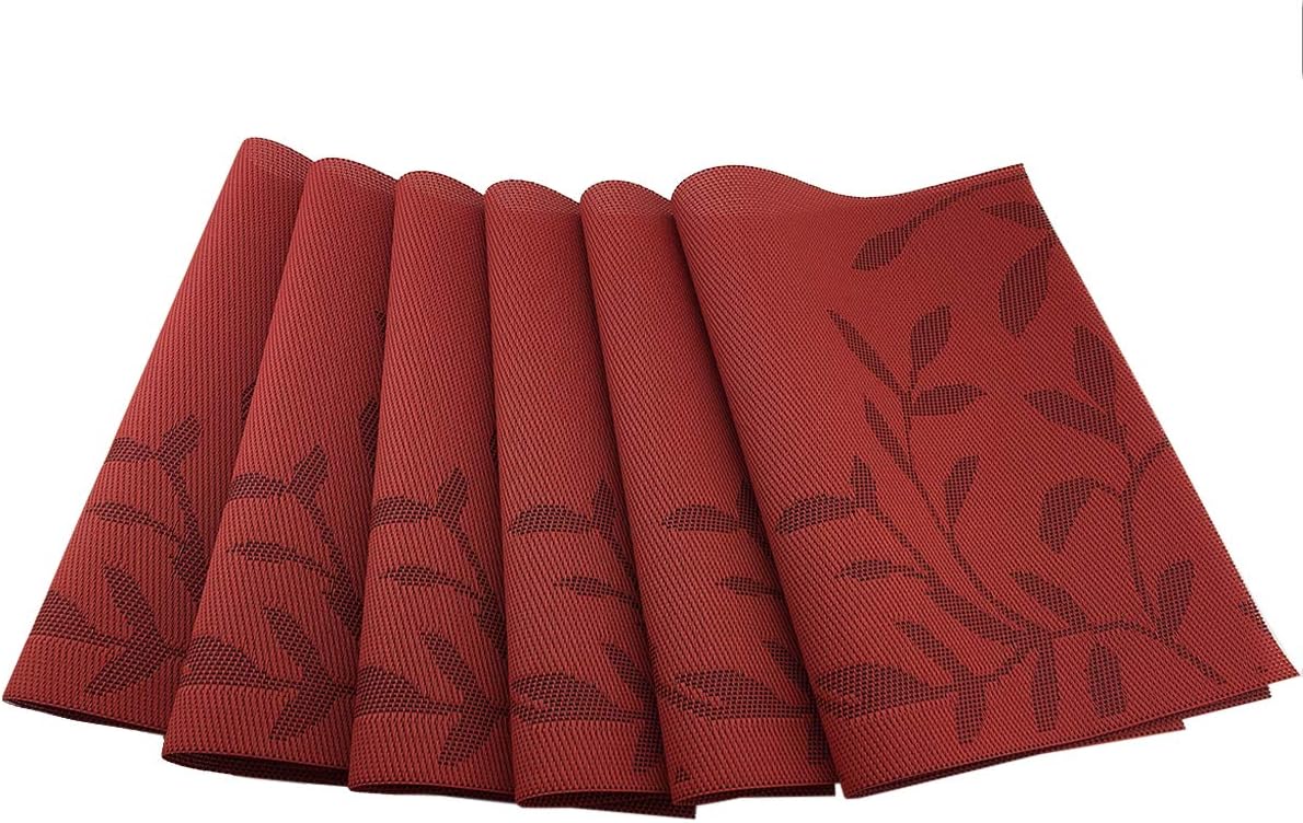 Place Mats PVC Set of 6, Table Placemats Set of 6 PVC Table Mats Natural Color (6 pcs, Red Leaves)
