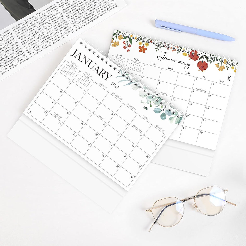 SKYDUE Small Desk Calendar 2026-2027, Jul. 2026- Dec. 2027, 8x6 Compact Standing Flip Desktop Calendar, Leaf