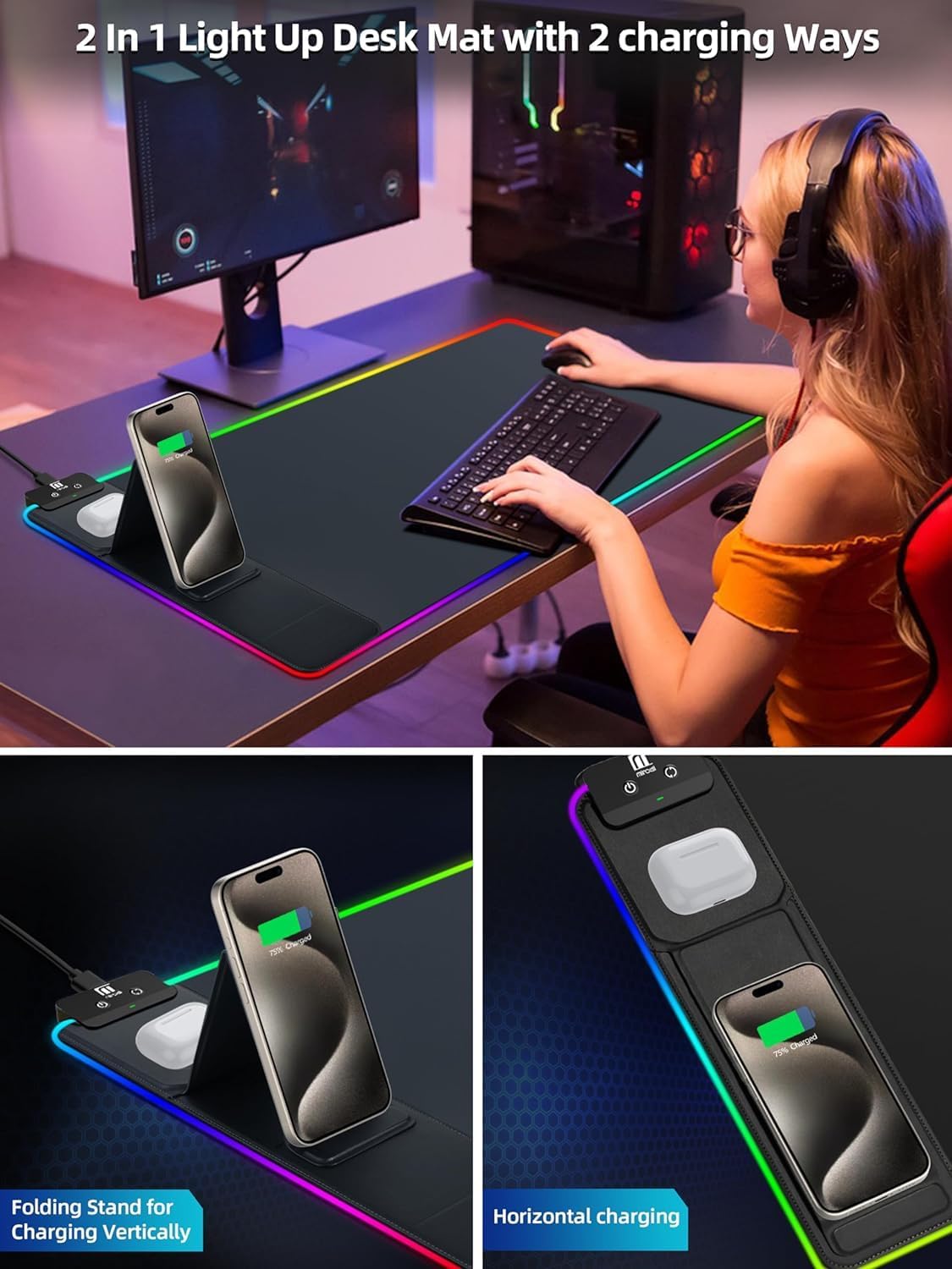 XXL Mouse Pad with Phone Holder - Black, RGB Desk Mat with 15W Fast Charging, LED Gaming Mousepad with 11 Light Colors, Waterproof Non-Slip Pad for Office & Home (Black with PD Adapter)