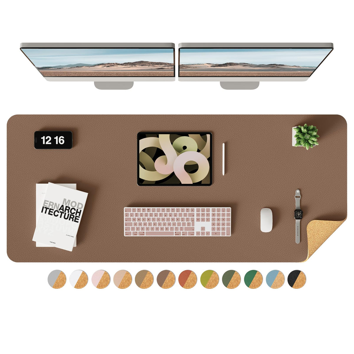 YSAGi Double-Sided Desk Pad, 31.5"x15.7"Leather Desk Mat, Eco Cork Desk Pad Protector,Large Mouse Pad,Waterproof Desk Blotter for Office/Home(Coffee)