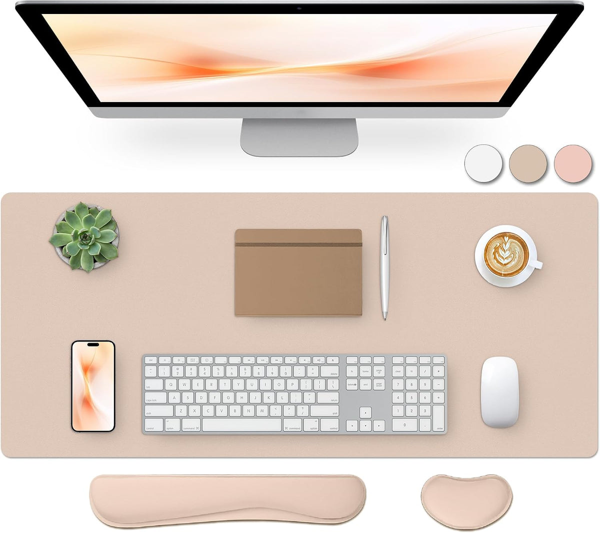 Bloss Leather Desk Pad and Keyboard Wrist Rest, Large Mouse Pad + Keyboard Pad+Mouse Wrist Support, Non-Slip Desk Mat Protector for Office, Home(31.5×15.7 Inches,Beige)
