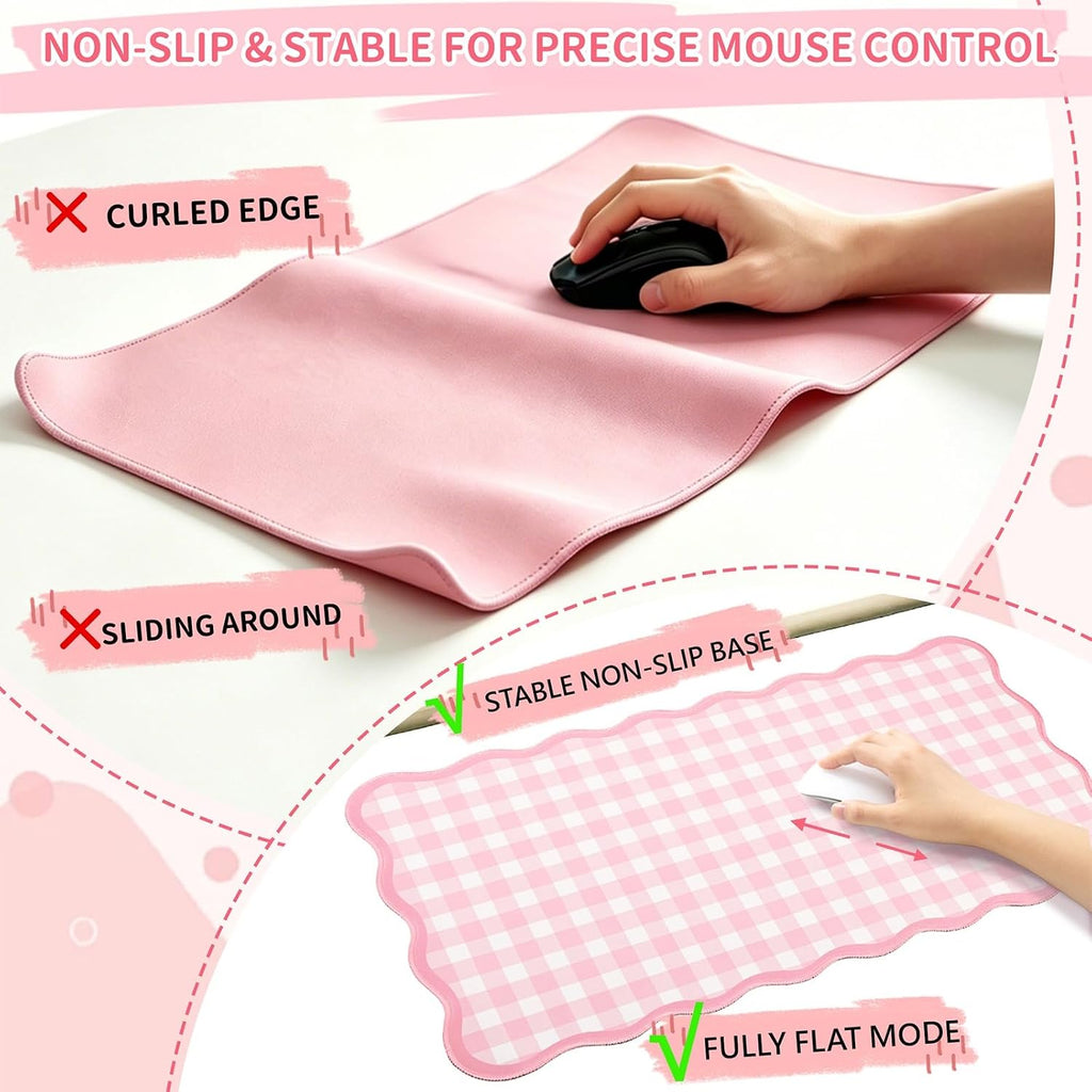 Scalloped Gingham Pink Desk Mat,Large Cute Desk Pad for Keyboard Mouse,Girly Mouse Pad for Desktop Office