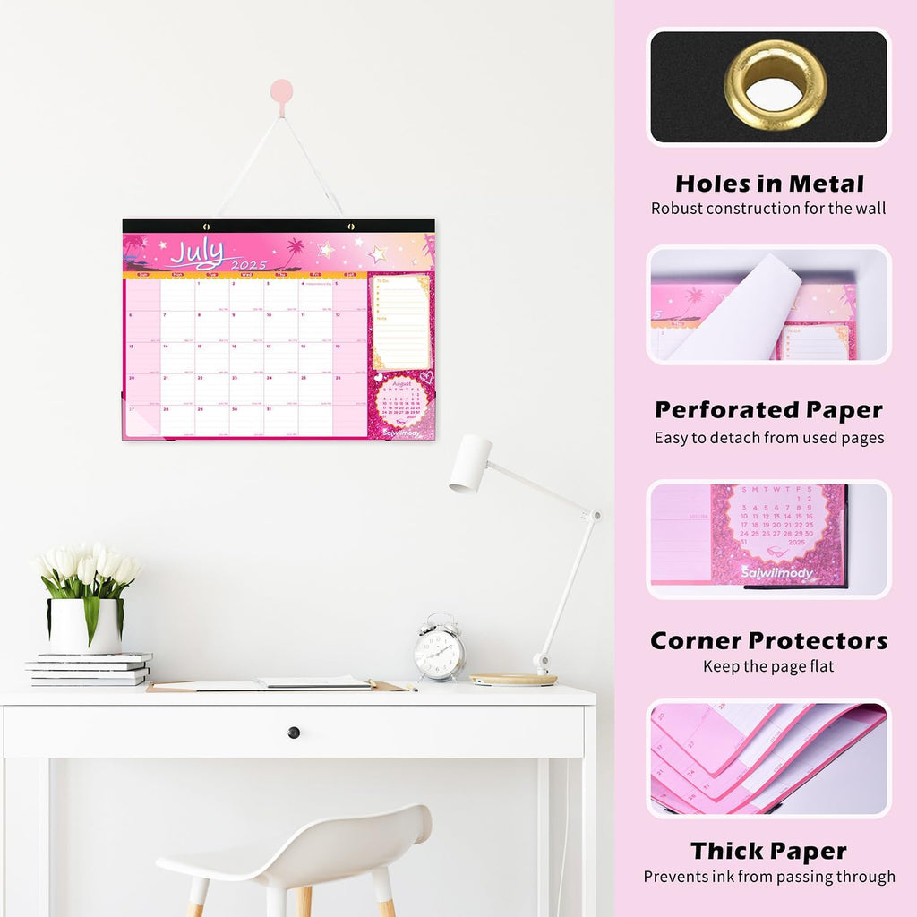 Desk Calendar 2026 with Clear Waterproof Cover 17 x 12 inch 18 Months Wall Calendar Runs from Jul. 2025 to Dec. 2026 School Year Calendar for Schedule Organization Monthly Planner, Pink