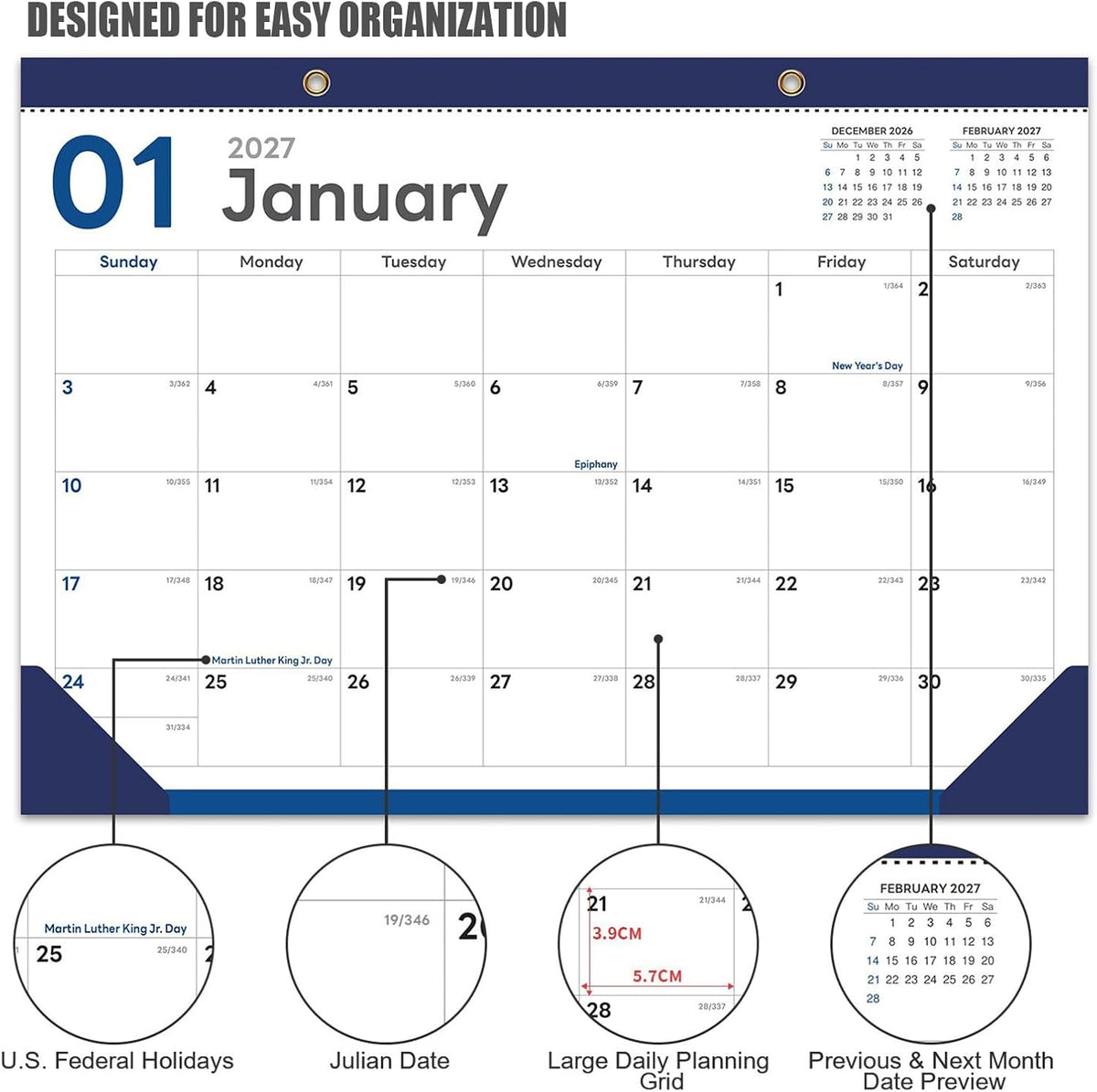 COMIX Desk Calendar 2026-2027, 17" x 12" Monthly Desktop Planner Pad with Frosted Cover, 18 Months July 2026 to December 2027, Thick 120 GSM Paper for Office School Home