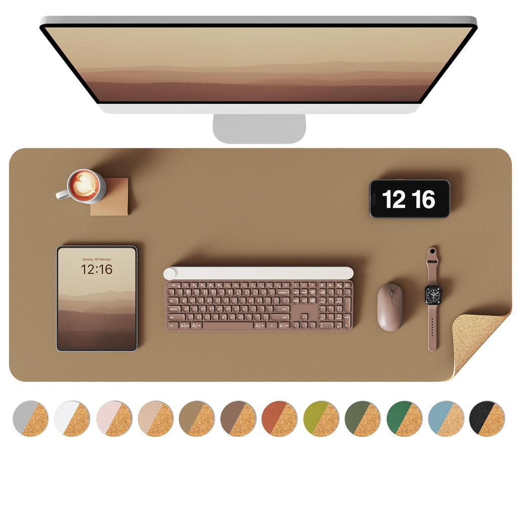 YSAGi Double-Sided Desk Pad, 31.5"x15.7"Leather Desk Mat, Eco Cork Desk Pad Protector,Large Mouse Pad,Waterproof Desk Blotter for Office/Home(Coffee)