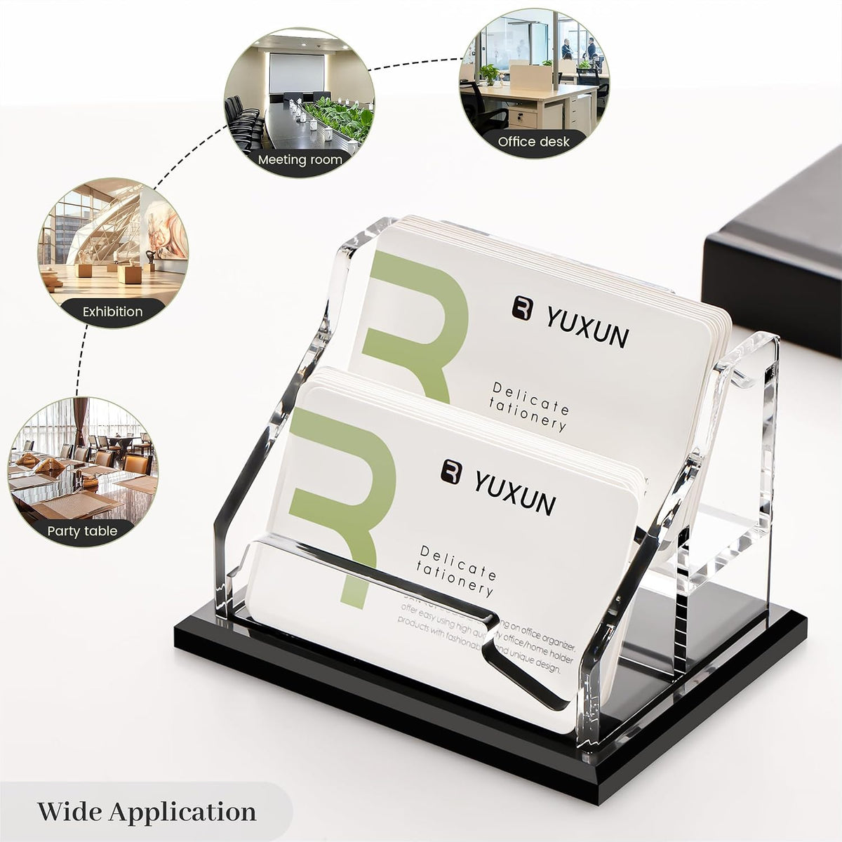 YUXUN Black Business Card Holder for Desk-2 Tier 2 Slot, Acrylic Business Card Holder for Women Men, 100+ Business Cards Display Stand, Multiple Business Card Display for Exhibition, Home, Office