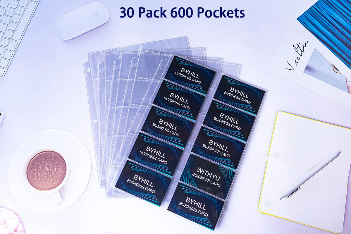 BYSTER 30 Pack 600 Pockets Business Card Sleeves Binder Sheets, Ultra-Clear Business Card Pages for 2/3/4 Ring Binder, Double Sided 10 Pocket Credit Card Pages