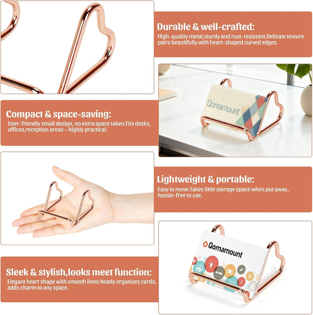 Qomamount Business Card Holder,Cute Heart-Shaped Metal Card Display Stand,Vertical Desktop Name Card Organizer,Small Phone Stand & Photo Holder for Office,Wedding,Reception,Exhibition(Rose gold)