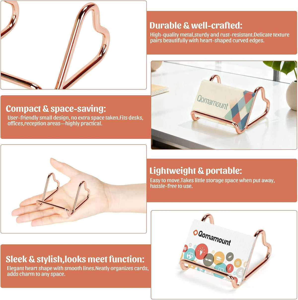 Qomamount Business Card Holder,Cute Heart-Shaped Metal Card Display Stand,Vertical Desktop Name Card Organizer,Small Phone Stand & Photo Holder for Office,Wedding,Reception,Exhibition(Rose gold)