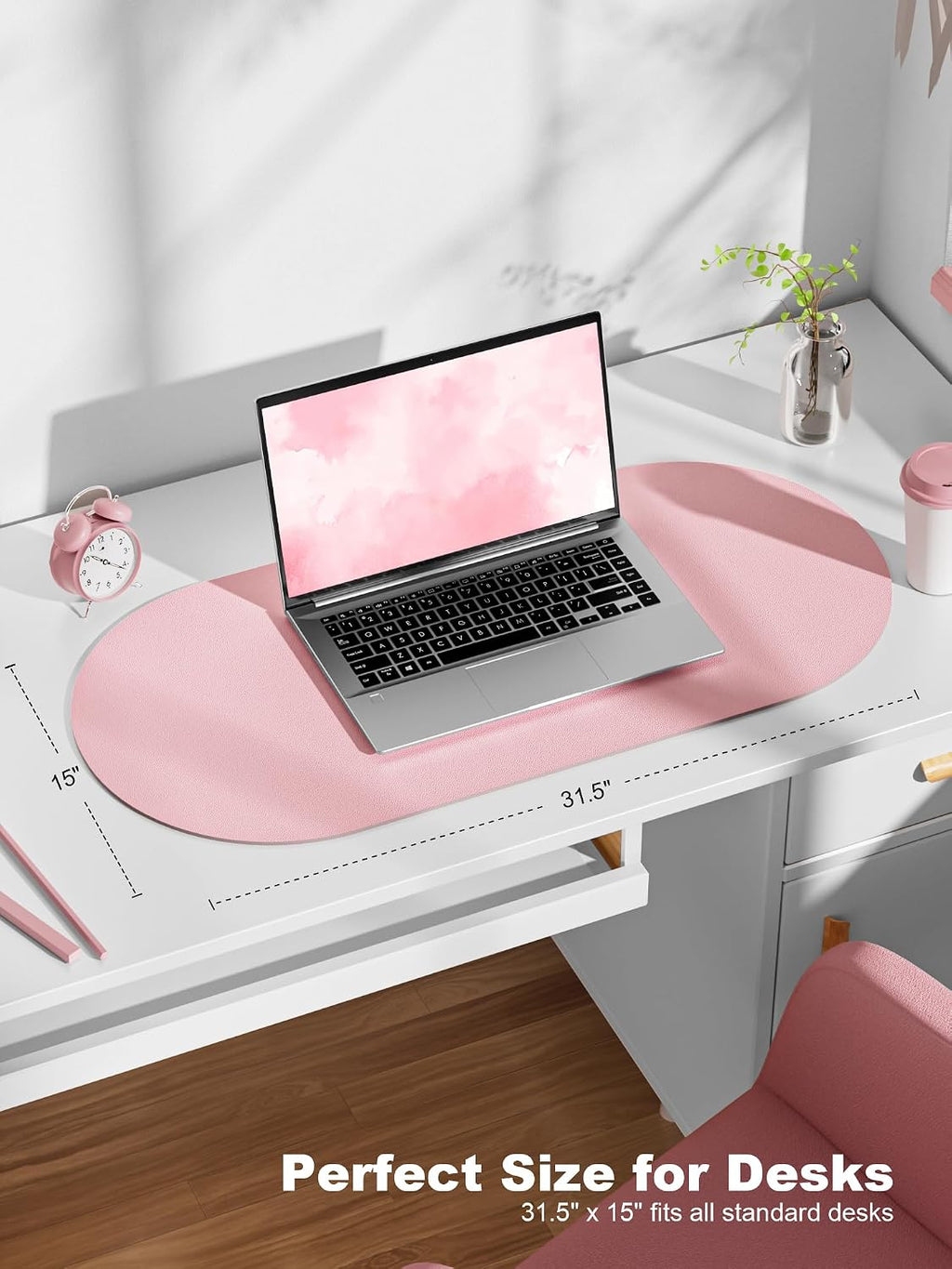 Desk Mat, 31.5" x 15" Oval PU Leather Non-Slip Desk Pad Large Mouse Pad for Desktop, Waterproof Countertop Protector Writing Mat for Office, Home, Gaming, Vanity, Light Pink