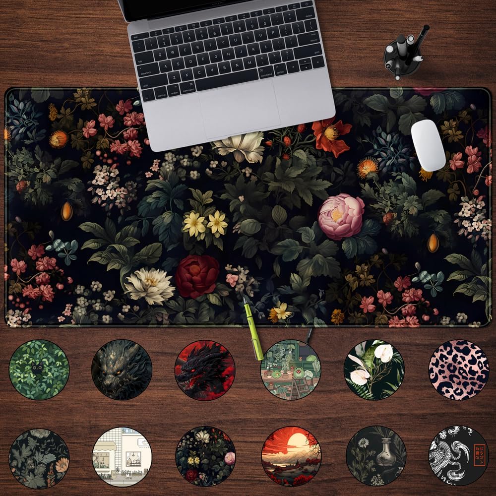 Black Vintage Desk Pad - Large Mouse Pad & Laptop Keyboard Mat - Non-Slip Base - 31.5 x 15.8 in - Gaming & Office Desk Decor