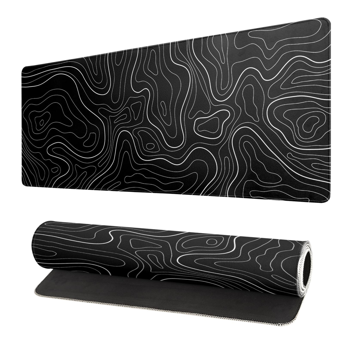Black and White Japanese Wave Dragon Gaming Mouse Pad - Abstract Mat with Non-Slip Rubber Base, 31.5x11.8 Inch, Stitched Edges - Desk Pad for Office and Home