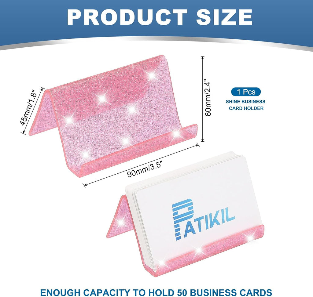 PATIKIL Business Card Holder for Desk, Acrylic Business Card Holders Shine Card Stand Organizer Cards Display for Office Exhibition, Pink
