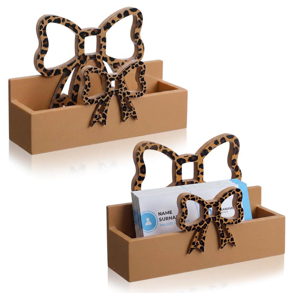 Weysat 2 Pcs Pink Bow Wooden Business Card Holders for Women Desk