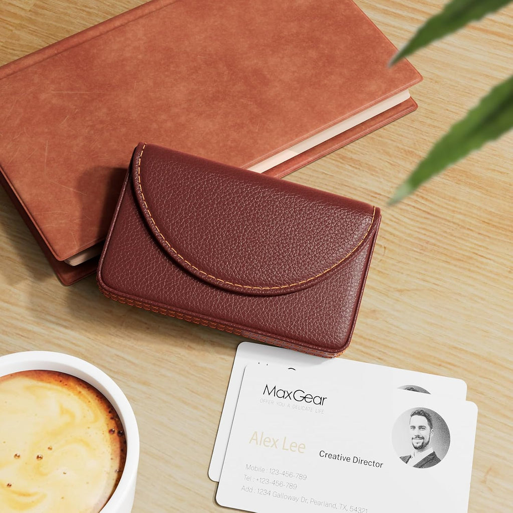 MaxGear Business Card Holder Case, PU Leather Business Card Case, Coffee