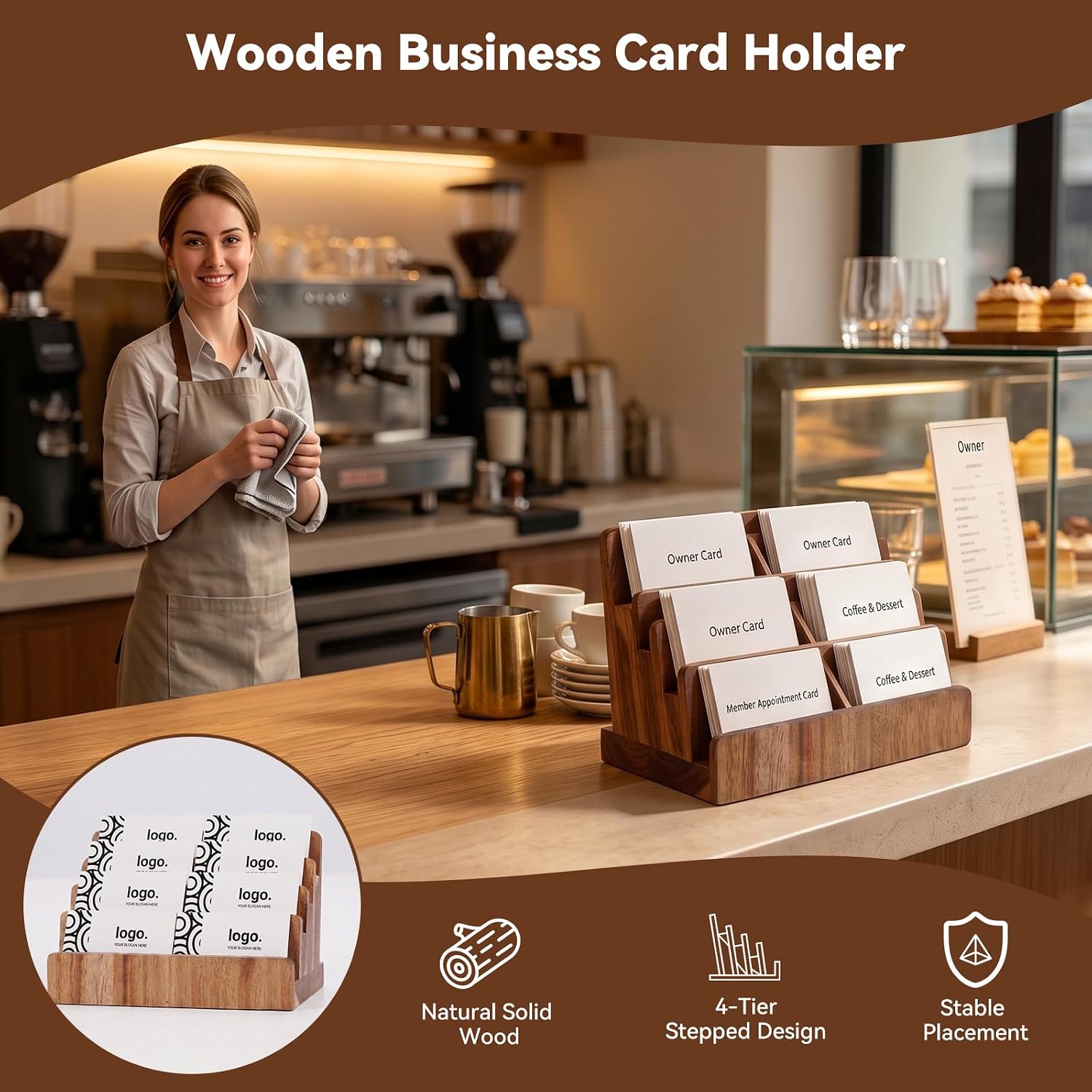 4 Tier Acacia Wood Business Card Holder,Desktop Business Card Display Stand