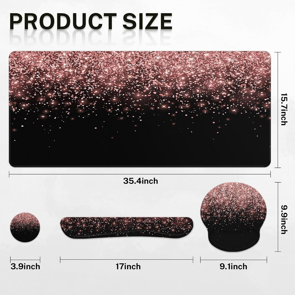 Britimes Keyboard Mouse Pad Set, 4 in 1 Desk Mat Set, Pink Rose Gold