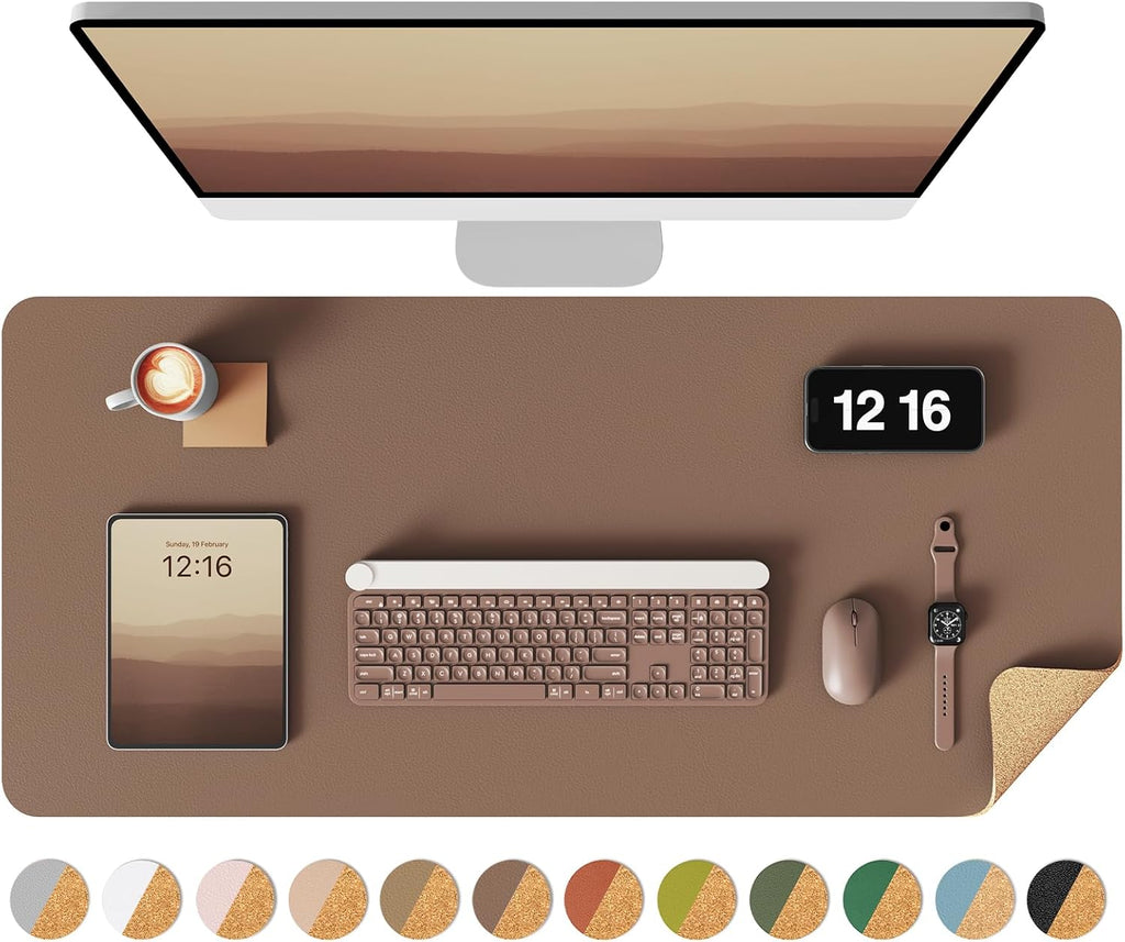 YSAGi Double-Sided Desk Pad, 31.5"x15.7"Leather Desk Mat, Eco Cork Desk Pad Protector,Large Mouse Pad,Waterproof Desk Blotter for Office/Home(Coffee)