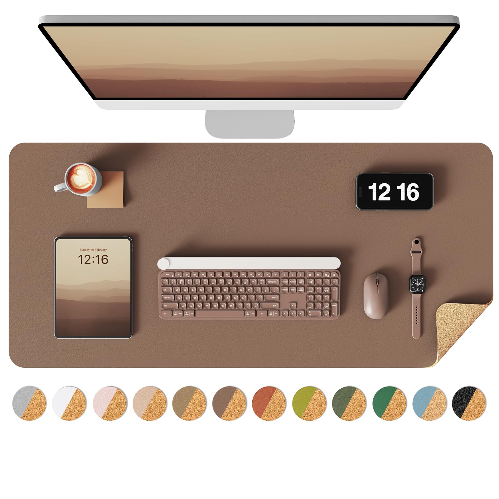 YSAGi Double-Sided Desk Pad, 31.5"x15.7"Leather Desk Mat, Eco Cork Desk Pad Protector,Large Mouse Pad,Waterproof Desk Blotter for Office/Home(Coffee)