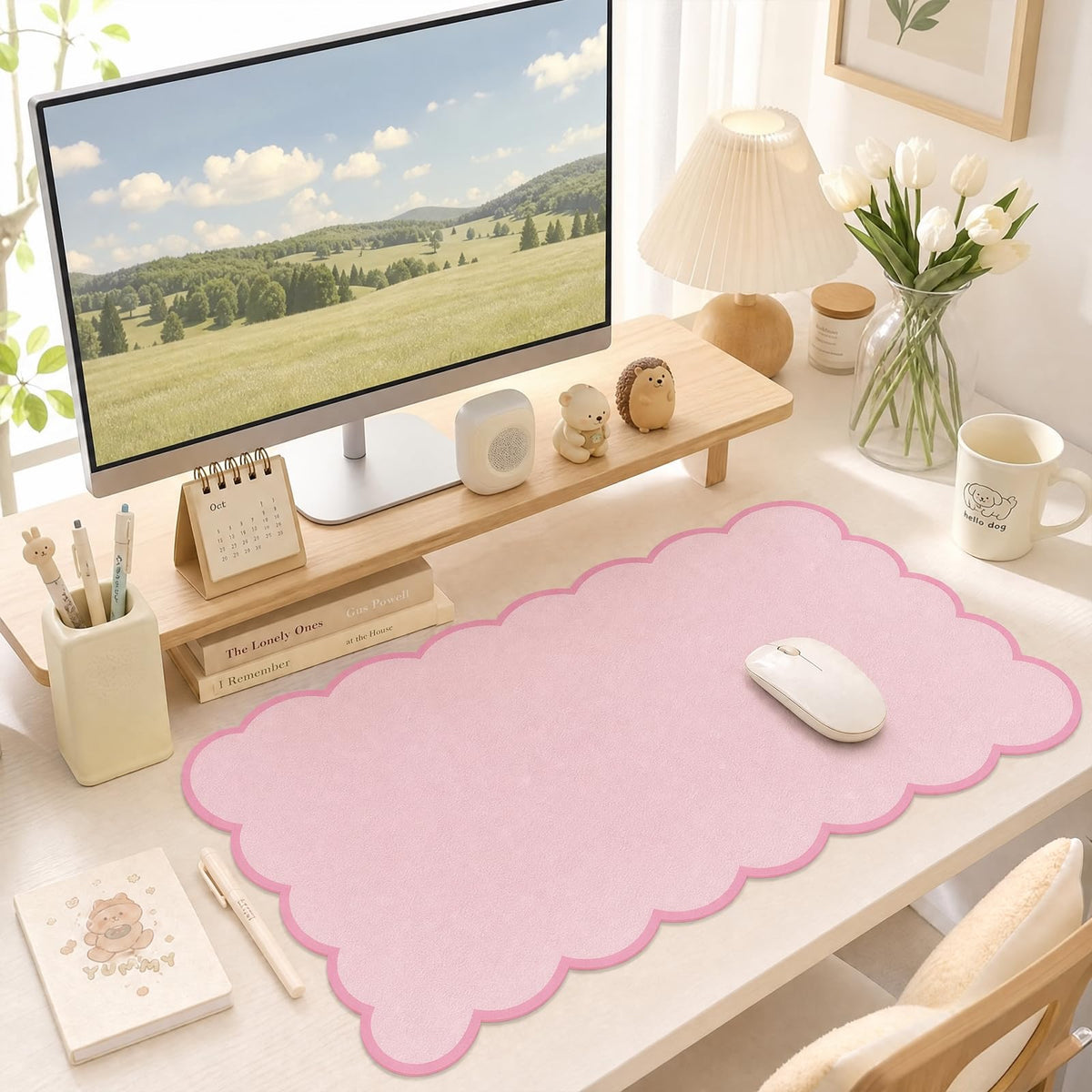 Scalloped Desk Mat,31.5"x15.7" Large Mouse Pad for Desk Pad,Beige